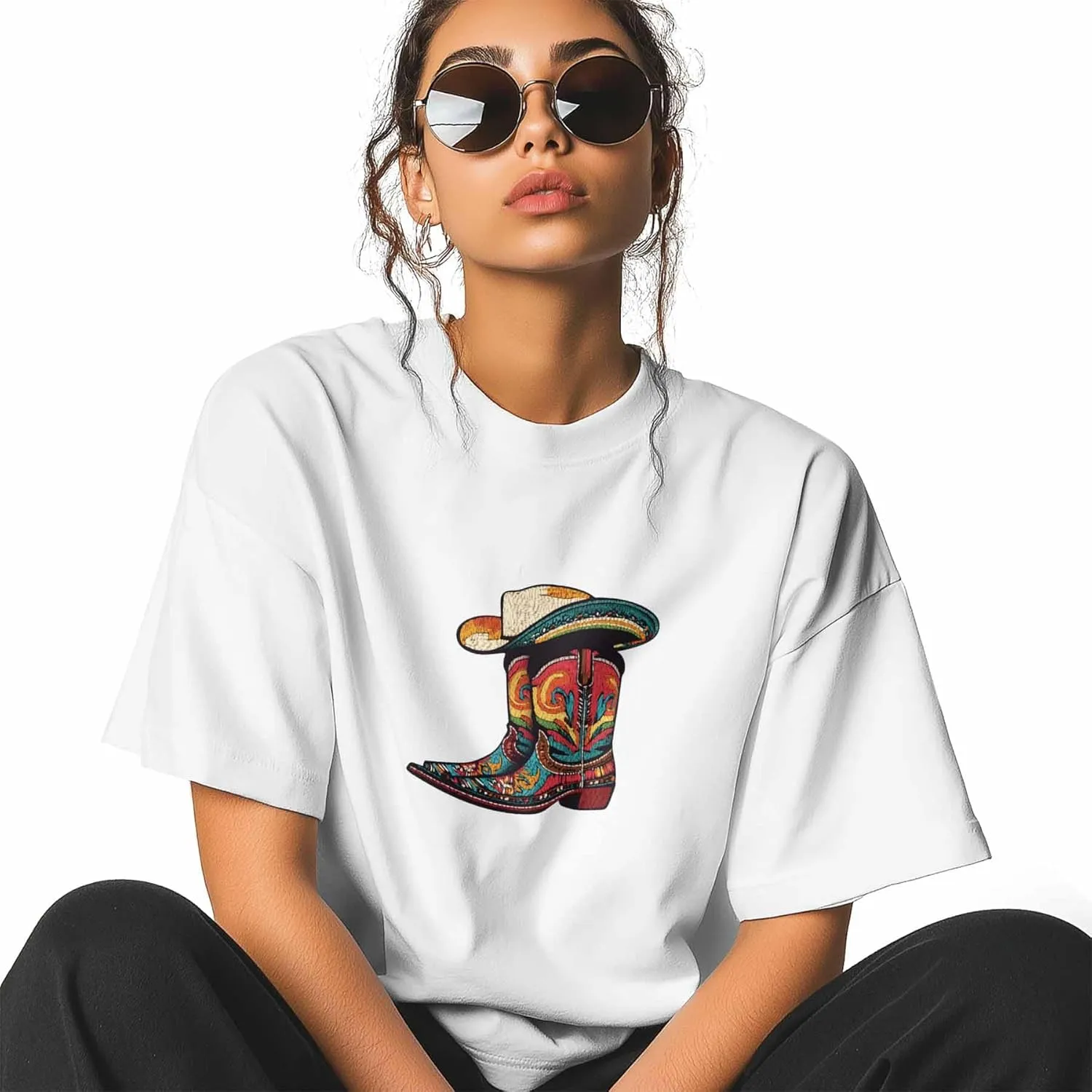 T-Shirts for Women Western Cowboy Boot Hat Women's Tops Crew Neck Short Sleeve Tees