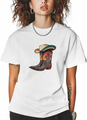 T-Shirts for Women Western Cowboy Boot Hat Women's Tops Crew Neck Short Sleeve Tees