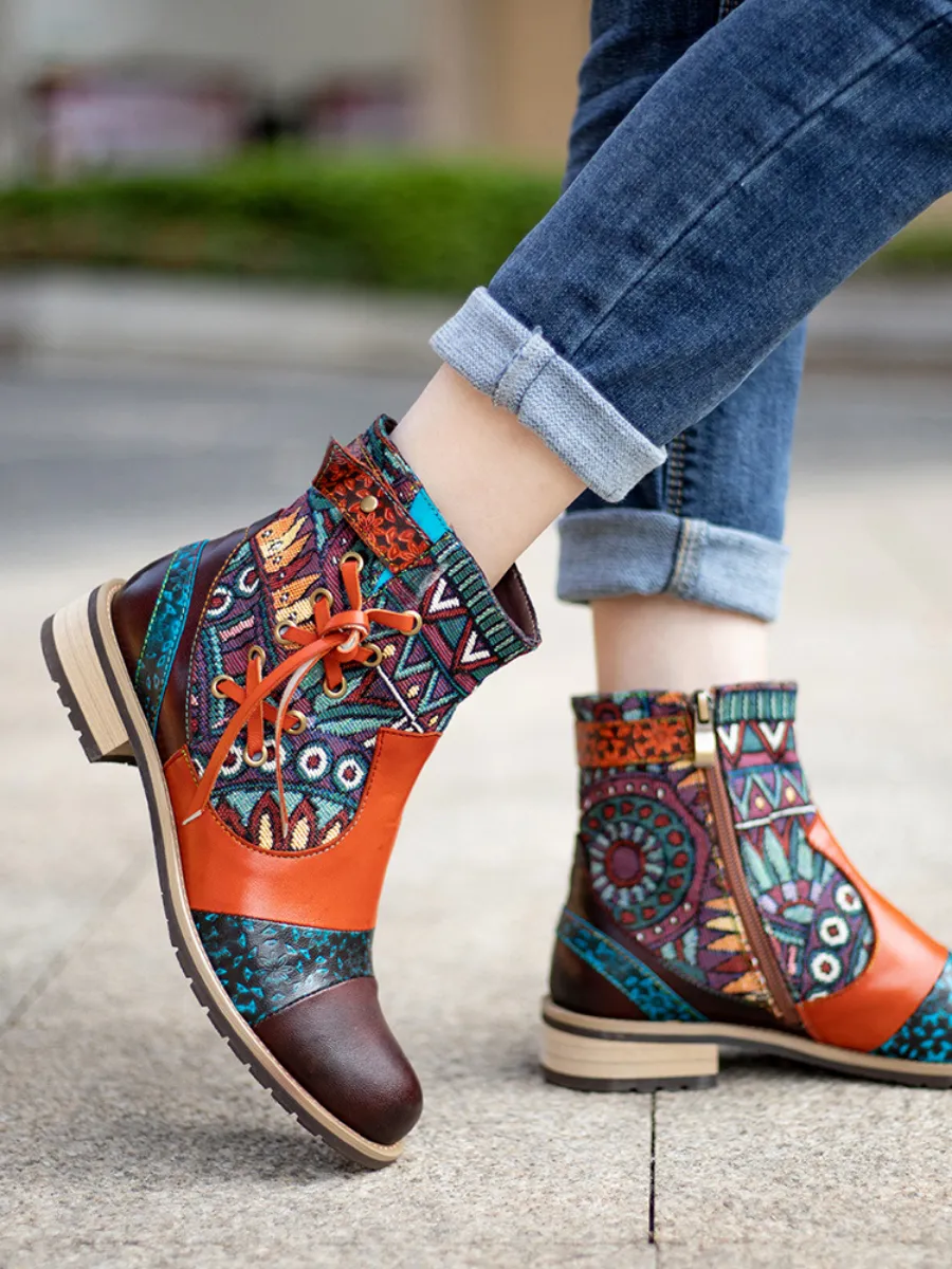 Vicconfy | Aboriginal Art Tassel Leather Ankle Boots