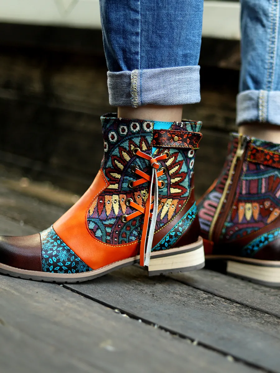 Vicconfy | Aboriginal Art Tassel Leather Ankle Boots