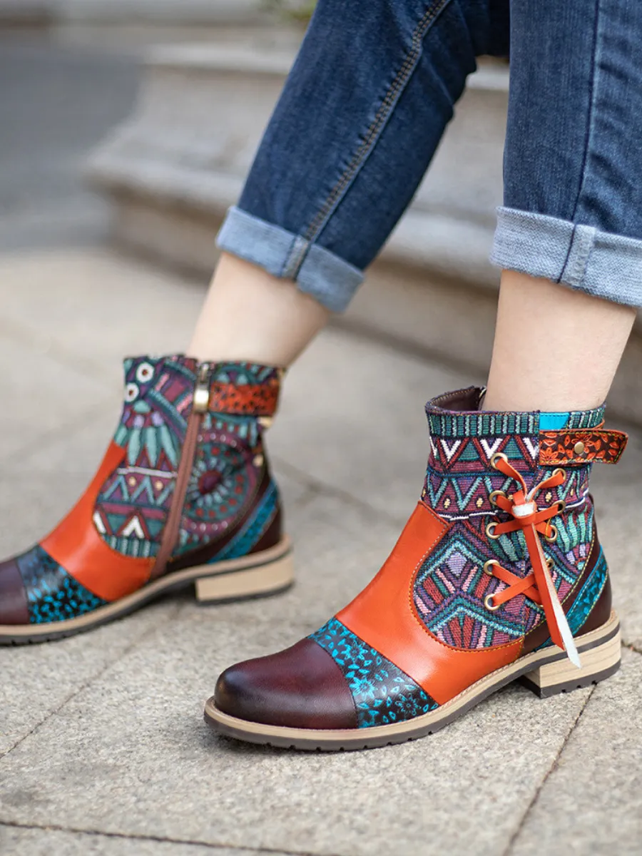 Vicconfy | Aboriginal Art Tassel Leather Ankle Boots