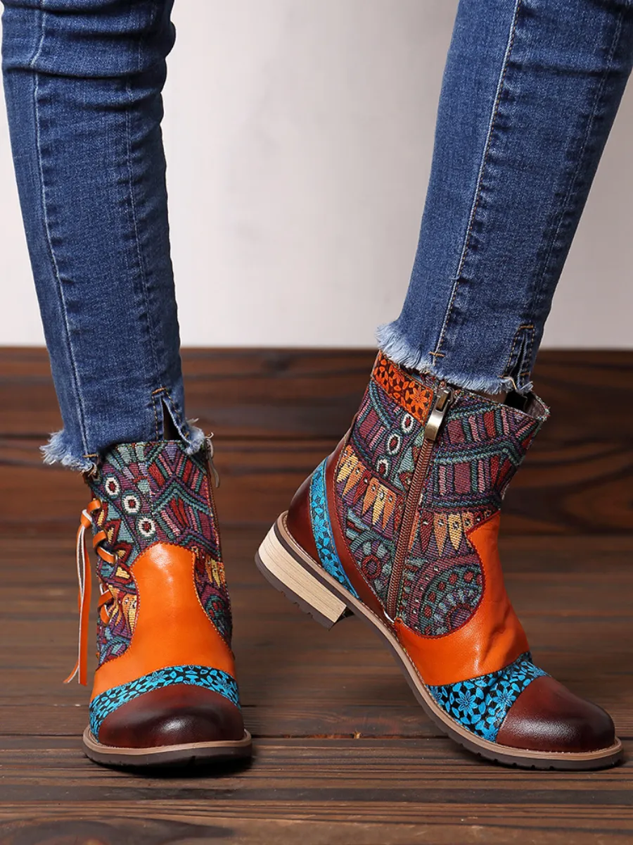 Vicconfy | Aboriginal Art Tassel Leather Ankle Boots
