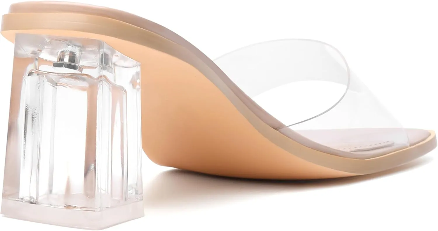 vivianly Womens Clear Heels Sandals Transparent Chunky Heels Backless Open Toe Slip on Mules Heeled Slipper Dress Shoes