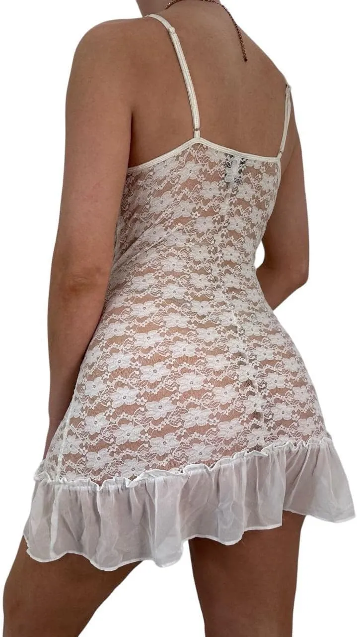 Women Y2k Sheer Lace Dress Spaghetti Strap Low Cut Bodycon Mini Dress See Through Short Cami Dress Clubwear