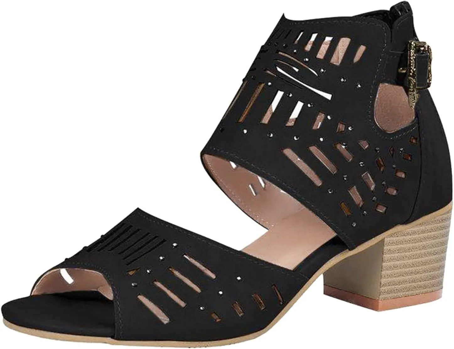 Womens Chunky Heeled Sandals Cutout Open Toe Summer Block Heeled Part𝐲 Sandals Casual Slip On Buckle Booties