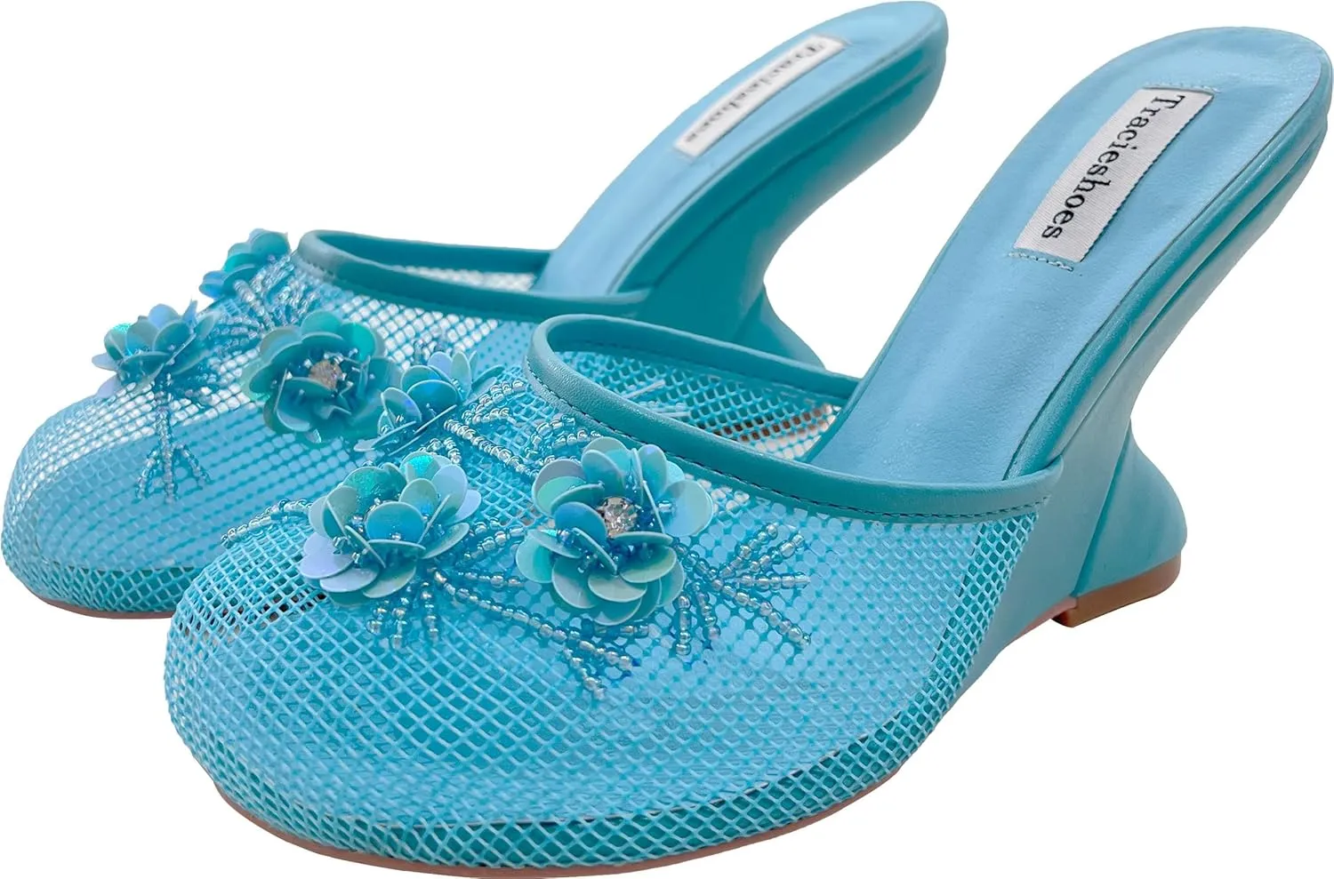 Women's Mesh Mule Slip On Sandals With Floral Sequin Embellishments Round Toe Wedge Heel Slides Slippers 4 Inch
