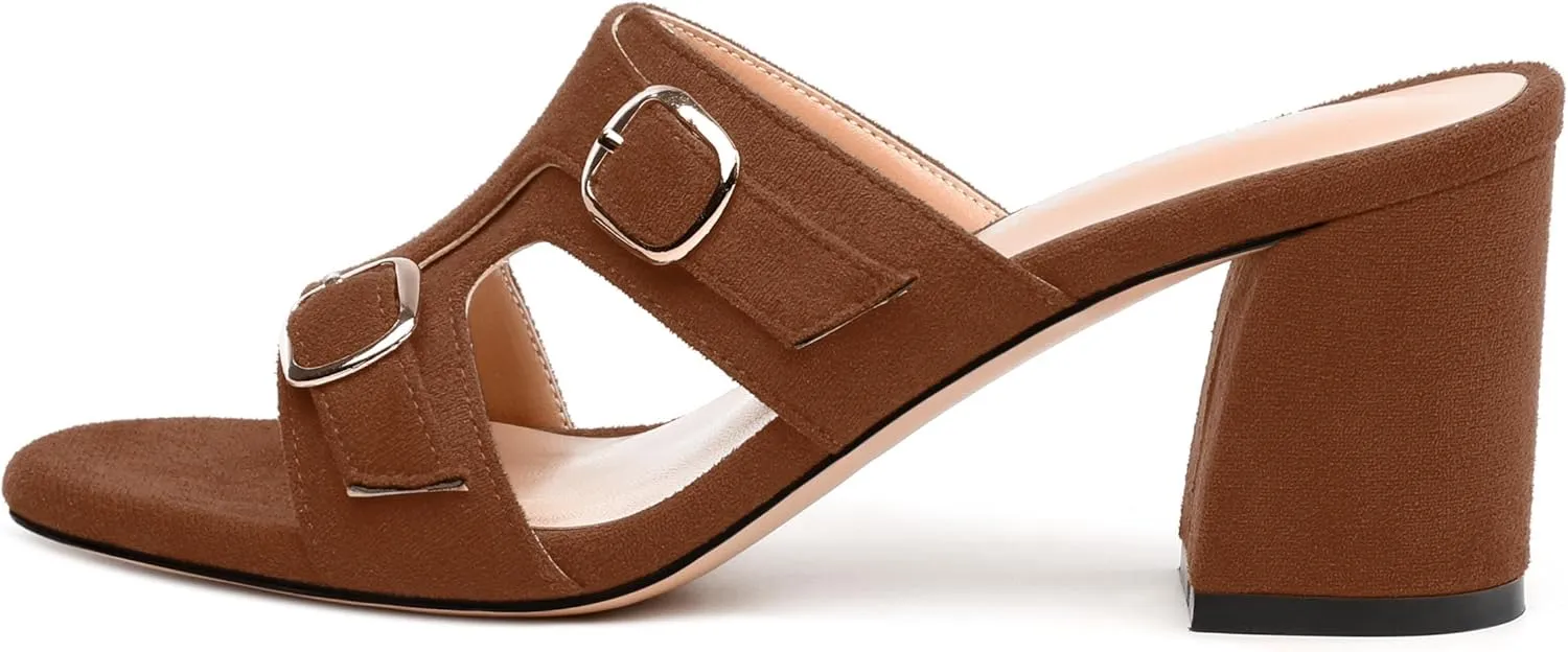 Women's Sandals, Round Toe Mid Chunky Heels, Fashion Buckle Heeled Sandal for Women 2.5 Inch