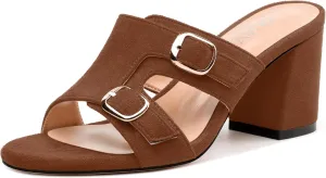 Women's Sandals, Round Toe Mid Chunky Heels, Fashion Buckle Heeled Sandal for Women 2.5 Inch