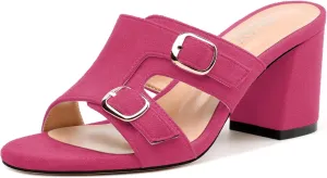 Women's Sandals, Round Toe Mid Chunky Heels, Fashion Buckle Heeled Sandal for Women 2.5 Inch
