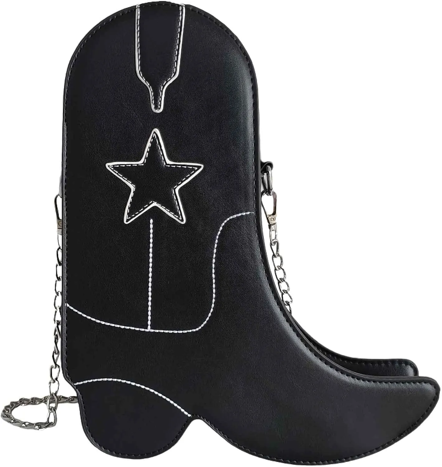 Women's Small Black Western Unique Cowboy Boot Shaped Vegan Leather Crossbody Purse Bag with Silver Chain