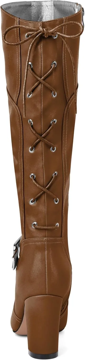 Zamikoo Womens Slouchy Knee High Boots Round Toe Chunky Block Heel Knee Booties Side Zipper Metal Buckle Slouch Dress Boots 3.5 Inch